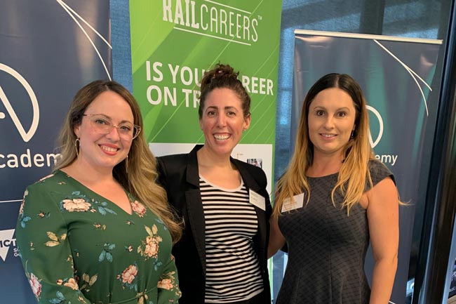 Rail Academy's Caitlin Ryan, Gordana Stankovski and Amy Barrow at the Australian Careers Services seminar