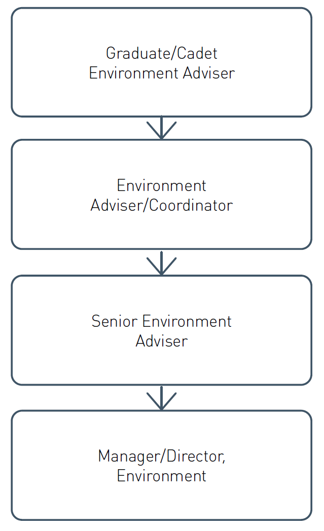 Career progression from a graduate/cadet environment adviser to environment adviser/coordinator progresses to senior environment adviser and progresses to manager environment and then to director of environment