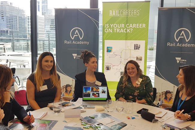 Rail Academy's Caitlin Ryan, Gordana Stankovski and Amy Barrow at the Australian Careers Services seminar