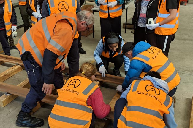 Students building a simulated track during the recent Rail Careers Week